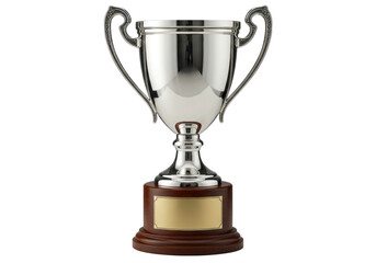 Shiny silver trophy cup isolated on white, award for sports achievement and competition success, victory prize for winning