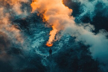 A lone figure witnesses a fiery volcanic eruption, smoke billowing into the dramatic sky.