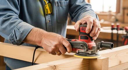 Man's hands sanding wood with an orbital sander in a carpentry workshop.