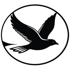 A black and white illustration of a bird in flight with wings spread