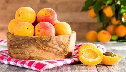Ripe apricots in a wooden bowl on a checkered cloth, with tree background