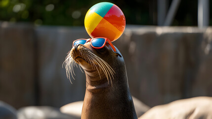 Funny happy seal wearing cool sunglasses balancing colorful beach ball on its nose in playful animal performance