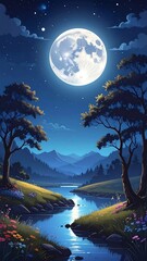 Night landscape with moonlit river
