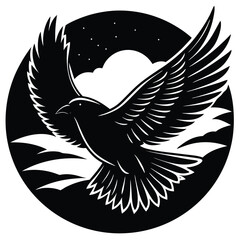 A black and white illustration of a bird flying in the night sky with clouds and stars