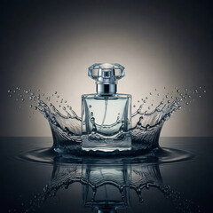 Clear perfume bottle with crystal cap surrounded by water splash and reflection on dark surface