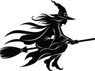 Flying witch silhouette vector illustration with broomstick, pointed hat, flowing cloak, Halloween spooky artwork, folklore fantasy magical night design