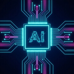 Glowing ai text inside square with circuit board lines in blue and pink on a dark background