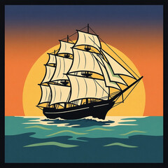 A sailing ship with white sails on the ocean at sunset with a large sun in the background art