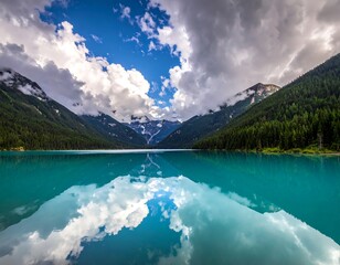 Serene mountain lake reflecting a dramatic sky