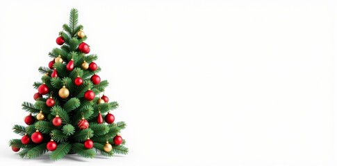 Classic Christmas fir tree adorned with ornaments, standing elegantly against a pristine white background, holiday season, happy holidays, studio shot