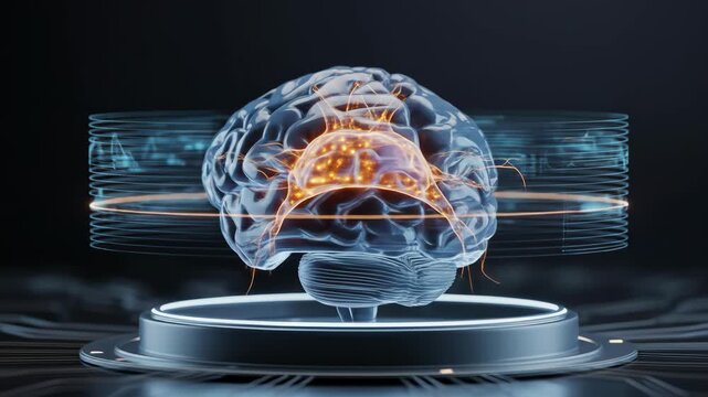 Digital Rendering Of A Glowing Human Brain On A Futuristic Platform And Dark Background - Powered by Adobe