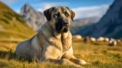 Obraz premium A noble Kangal dog watching over a flock of sheep, a beautiful and vigilant livestock guardian in a green meadow, a powerful shepherd dog in a scenic mountain landscape, a concept of loyalty and work.