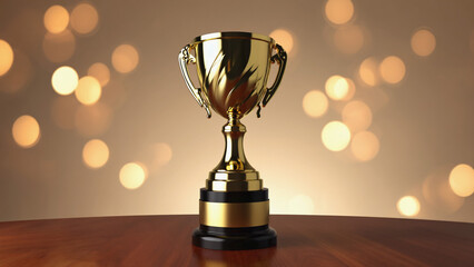 A golden trophy with decorative handles on a wooden surface with a bokeh light background