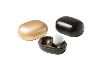 Wireless earbuds in gold and black cases, showcasing modern design and technology. Perfect for music lovers and on go lifestyles