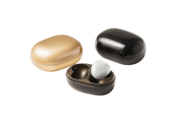 Wireless earbuds in gold and black cases, showcasing modern design and technology. Perfect for music lovers and on go lifestyles