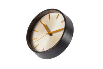 Modern wall clock with sleek design featuring wooden face and orange accents, perfect for contemporary decor