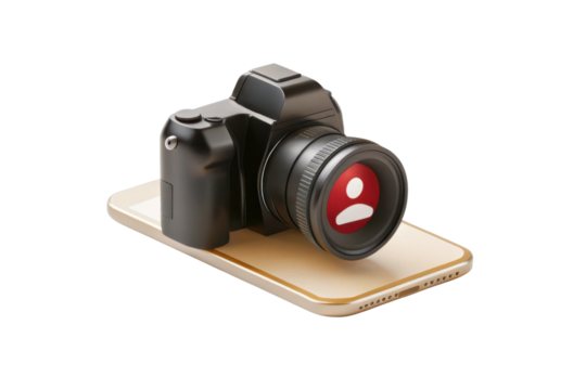 Digital camera placed smartphone, symbolizing photography and mobile technology. camera features lens with user icon, representing social media