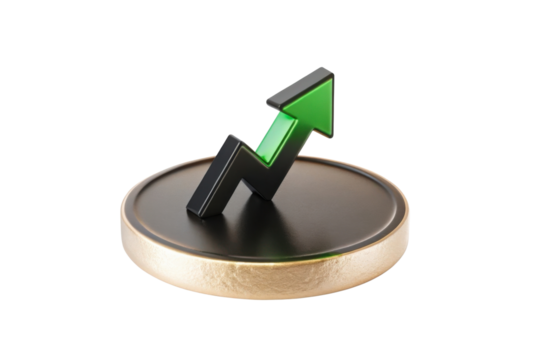 Increase in value symbol represented by green arrow on coin, conveying growth and financial success