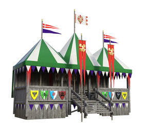 A medieval-style jousting stand with flags on a transparent background.