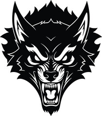 Aggressive wolf head illustration with sharp teeth, fierce eyes, wild animal design, black and white vector artwork for tattoo, logo, mascot