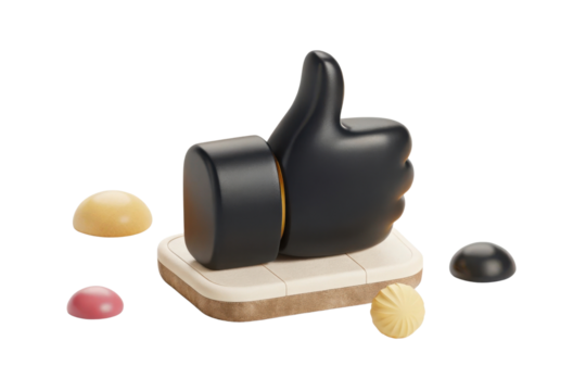 Black thumbs up symbol on wooden base surrounded by colorful candies, representing positivity and approval in playful manner - Powered by Adobe