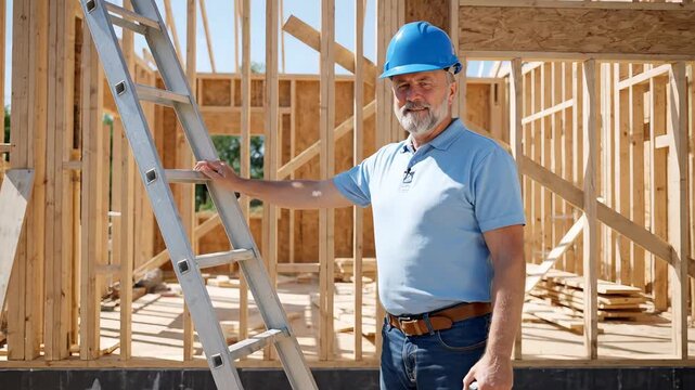 Experienced architect wearing a hard hat using a ruler to assess a newly constructed wooden house frame near a ladder. Professional builder inspecting the project