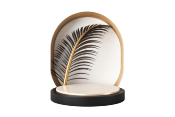 Modern decorative display featuring stylized palm leaf set against minimalist backdrop. elegant design combines natural elements with contemporary