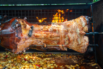 Chef Hands cutting whole grilled pork for steaks with knife. Pig grilled traditional coal and fire. The little pig is roasted whole on an open fire. Pig on the spit