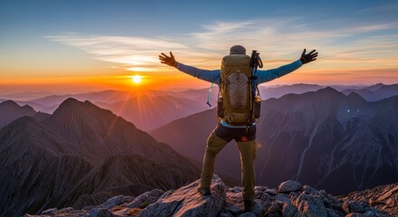 Adventurous Hiker Reaching Mountain Peak with Arms Open at Sunrise