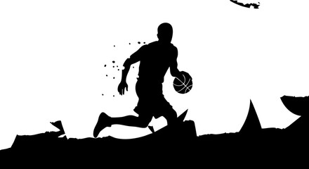 Dynamic basketball player dribbling with intense focus, capturing the power and energy of the game in a modern, bold silhouette style.