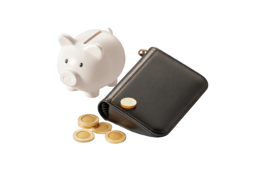 Piggy bank and wallet with coins represent saving and financial management. This conveys sense of security and planning for future