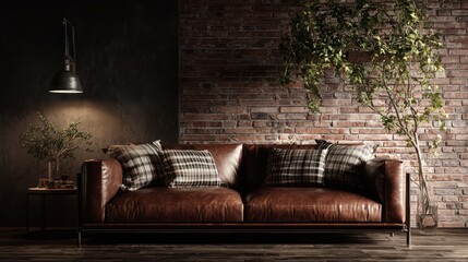 Rustic leather sofa interior scene