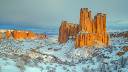 Snowy sandstone cliffs bathed in warm sunlight