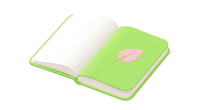 Open green notebook with pink leaf design isolated on a transparent background image - Powered by Adobe