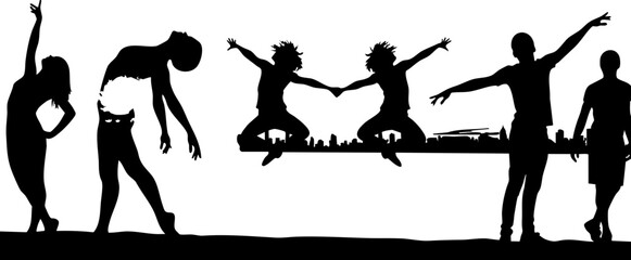 Dynamic silhouettes of people in various poses capturing joy, movement, and freedom for energetic projects