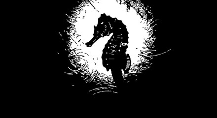 Mysterious silhouette of a seahorse emerges from dark, textured depths, evoking underwater wonder and marine life beauty