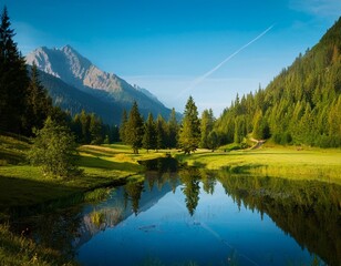 Beautiful view of meadow and amazing trees reflected on the blue water surface somewhere between mountains covered with forest 