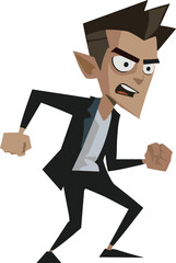 Cartoon aggressive character illustration, sharp face villain in black suit, dynamic action pose, comic style artwork, dramatic expression, fantasy design