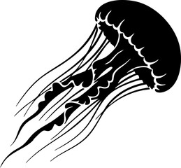 Elegant black jellyfish silhouette gracefully drifts through ocean depths, perfect for marine life projects and aquatic themes.