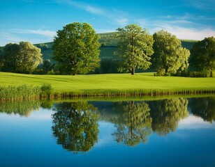 Beautiful view of meadow and amazing trees reflected on the blue water surface; summer landscape; high quality photo 