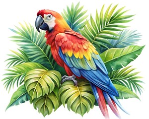 Obraz premium Watercolor illustration of a colorful macaw parrot perched among lush green tropical leaves and foliage, vibrant and exotic