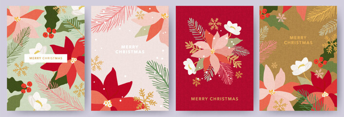Obraz na płótnie Canvas Merry Christmas greeting card Set. Modern beautiful Xmas design with hand drawn Poinsettia flowers, holly berries, fir branches, snowflakes pattern and typography. Art banner, poster, cover templates.