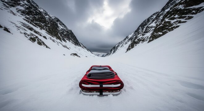 Red Emergency Rescue Sled on Snowy Mountain Pass Under Cloudy Sky