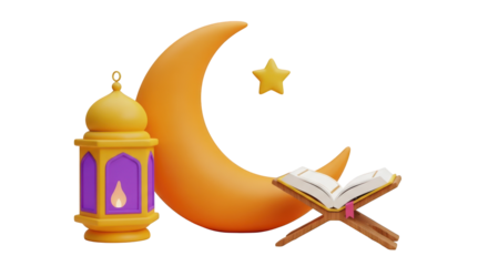 Orange Crescent Moon Lantern and Open Book on Stand isolated on a transparent background Islamic