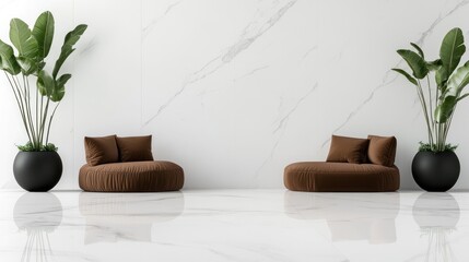 Modern minimalist home interior with brown velvet poufs and marble walls