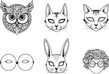 Animal and abstract masquerade masks set with owl, cat, rabbit, human face designs, costume party vector illustration for celebration artwork