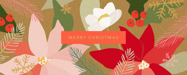 Merry Christmas greeting card Set. Modern beautiful Xmas design with hand drawn Poinsettia flowers, holly berries, fir branches, snowflakes pattern and typography. Art banner, poster, cover templates.