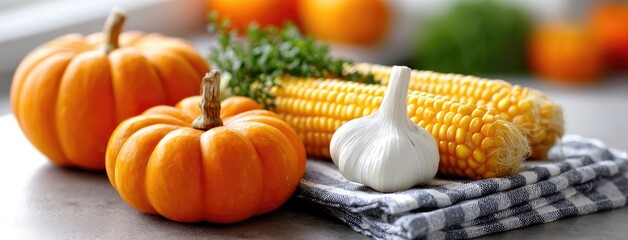Fresh pumpkins and corn with garlic and herbs arranged on a kitchen countertop in a vibrant autumn setting