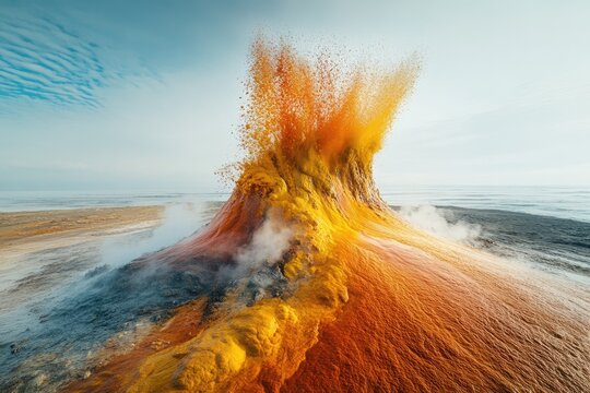 A vibrant geothermal geyser erupts, spewing hot, colorful mud and steam near a coastline.