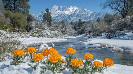 Snowy scenery with water stream, mountain backdrop and flowers